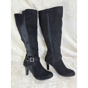Black Suede Knee High Boots Women's Size 7M Heel Buckle Side Zip